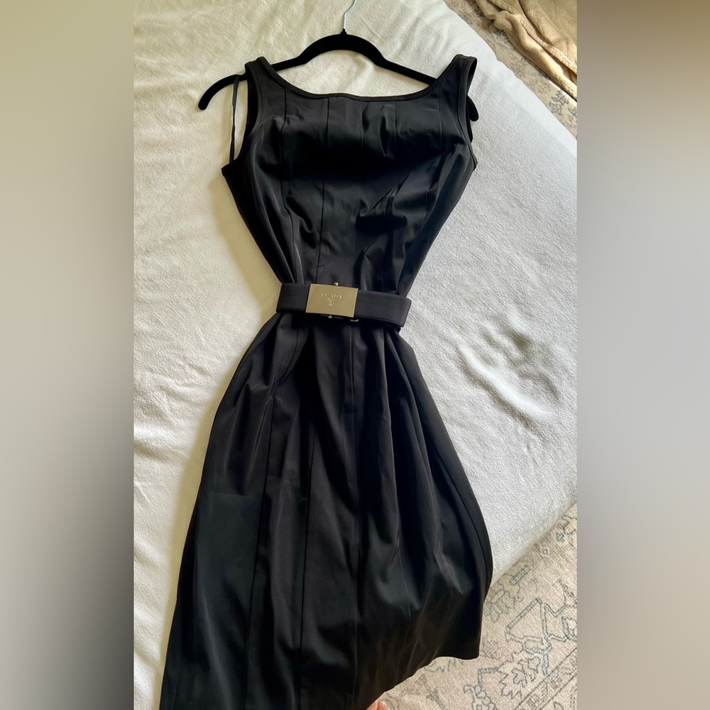 Prada Little Black Sheath Dress w/ Logo Belt - Size 40
